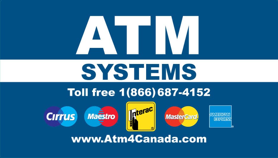 ATM Systems sticker with toll free number 1(866)687-4152 and accepted card networks
