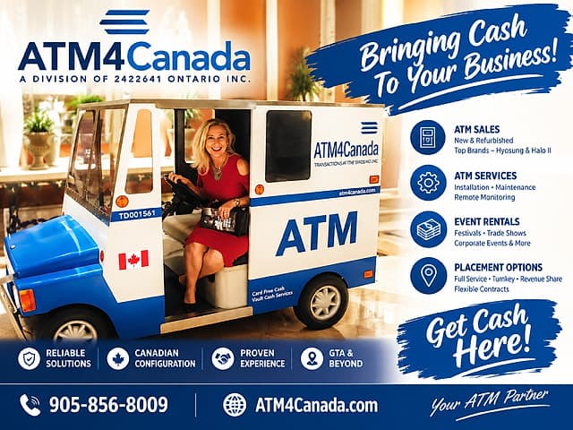ATM4Canada ad: Bringing cash to your business. ATM sales, services, event rentals and placement options. Call 905-856-8009.